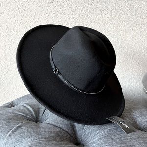 Black, wide/firm brim hat.